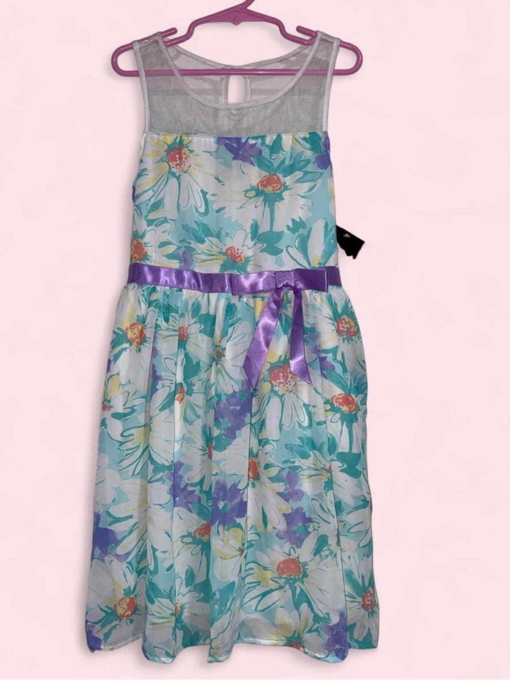 Floral Mesh Yoke Dress with Purple Satin Belt